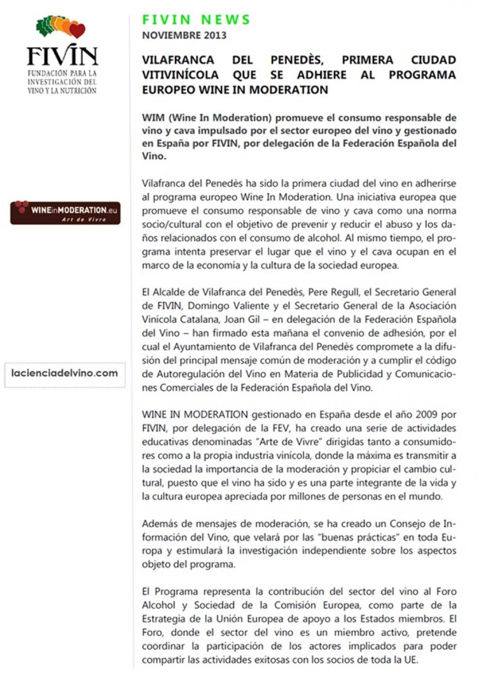 Vilafranca del Penede, first wine-growing city to join the European Programme Wine in Moderation
